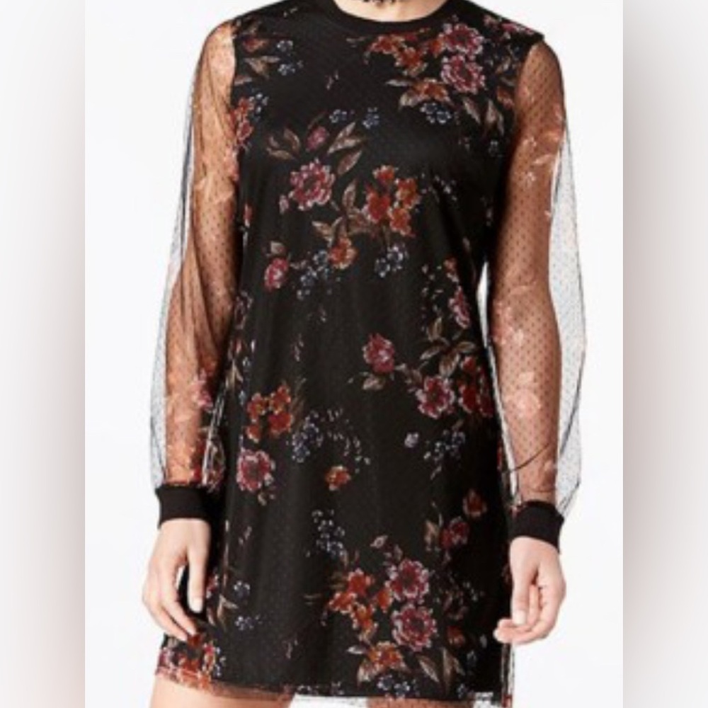 BeBop Black Floral Dress with Sheer Long Sleeves